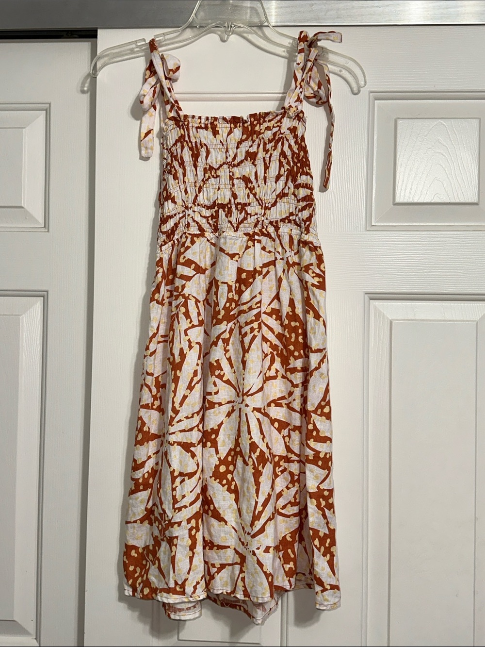 Nicole Miller Linen Smocked Tie-Shoulder Mini Dress in Rust Floral